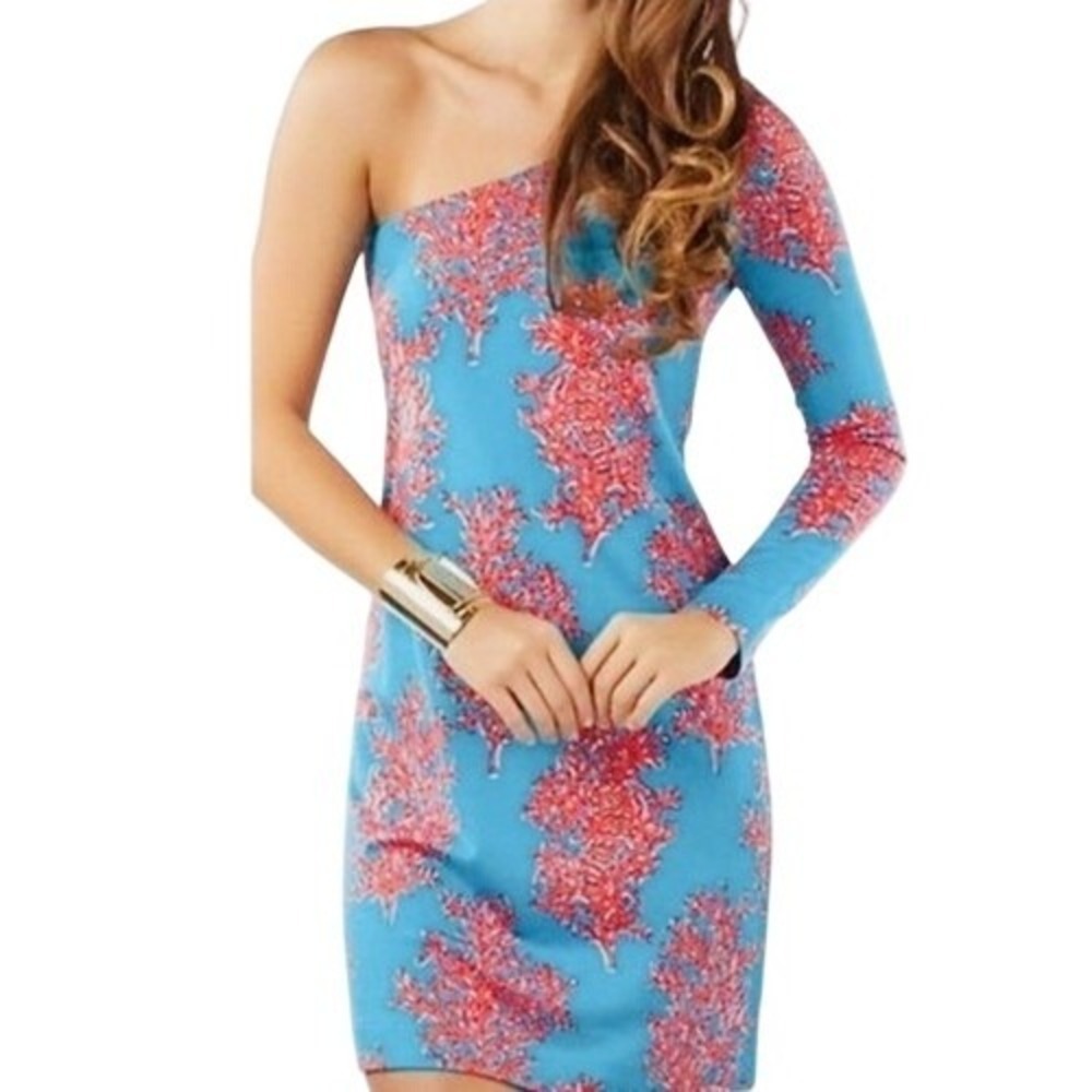 LILLY PULITZER Whitaker One Shoulder, Blue and Coral Reef, Silk & Cotton Size XS